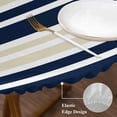 thumbnail image 3 of Navy Blue Khaki Striped Round Tablecloth, Fitted Table Cover with Elastic for 36"-44" Round Tables, Gradient Horizontal Lines Table Cloth Outdoor Indoor Dinning Party Waterproof Tablecloths, 3 of 7