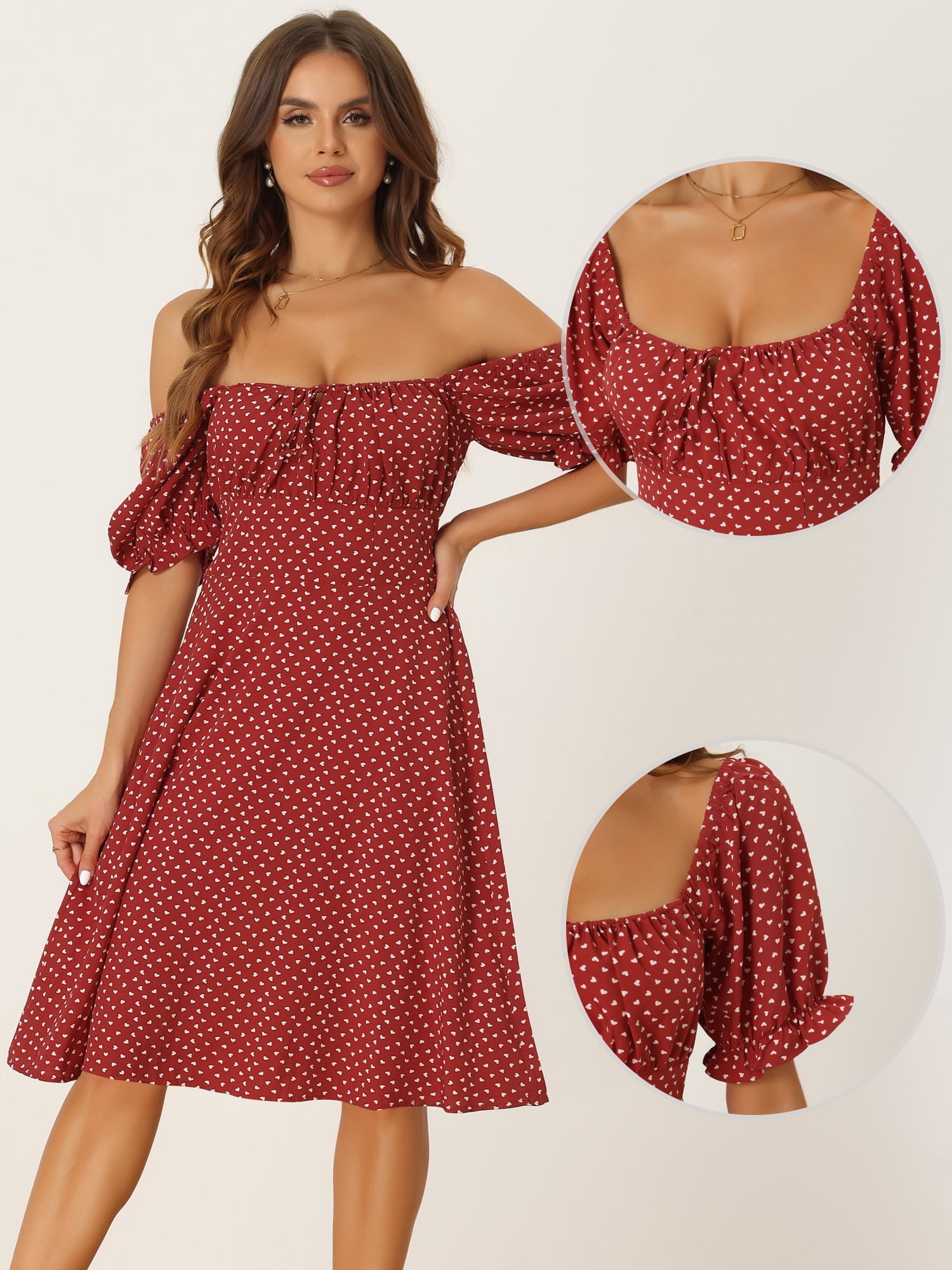 DARING DIVA Women's Heart Print Smocked Puff Sleeve Midi Dress M Red