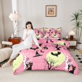 thumbnail image 3 of Homewish Pastel Halloween Scene Twin Comforter Sets,Owl Tree Cat Moon Print Bedding Set,Blush Pink Black,Pink Reversible,2 Pieces,1 Comforter and 1 Pillowcase, 3 of 7
