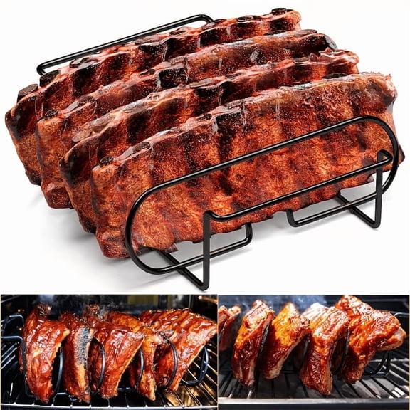 Black Stainless Steel Rib Rack, Heavy Duty BBQ Rib Holder Holds 4 Full Racks, Portable Grilling Tool for Outdoor Smoker Campfire, Even Heat Distribution Easy Assembly for Steak Rib Chicken Fish