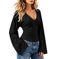 thumbnail image 4 of NominalSnug Tops for Womens Long Sleeve Blouse V Neck Waist Ruched Bell Sleeve Loose Fit Casual Fall Shirts, 4 of 8