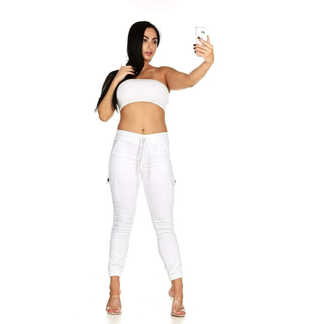 V.I.P. JEANS Cute Cargo Mid Waisted Jogger Skinny Drawstring White Pocket Plus Size 2XL