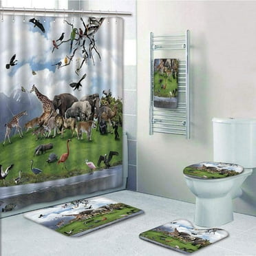 PRTAU Tropic Animal Collage in The Valley with Lion Parrot Swans Elephants Flamingos 5 Piece Bathroom Set Shower Curtain Bath Towel Bath Rug Contour Mat and Toilet Lid Cover