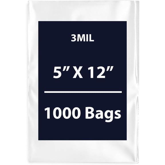Multiple Sizes Clear Flat Poly Bags - 5"x12" & (1000 Bags) 3Mil Flat Open Top Plastic Packaging Packing | Flexible and Durable Plastic Bags | Low-Density Polyethylene (LDPE)