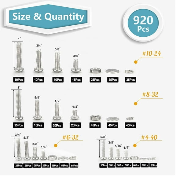 GHRTGR-304 Stainless Steel Screws,920Pcs Machine Screw Assortment,#4-40#6-32#8-32#10-24 Assorted Phillips Pan Head SAE Screws Nuts & Washers Set,Bolts and Nuts Kit