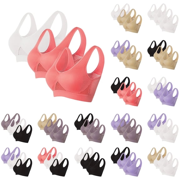 Gymayou 3 Pack Breathable Cool Liftup Air Bra Padded Sports Bra for Women Breathable Large Size Womens Underwear Snug Bras No Steel Ring Multicolor#1 L