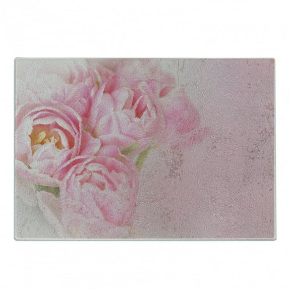 Vintage Rose Cutting Board, Grungy Tilted Nostalgic Flowers Leaves Illustration, Decorative Tempered Glass Cutting and Serving Board, in 3 Sizes, by Ambesonne