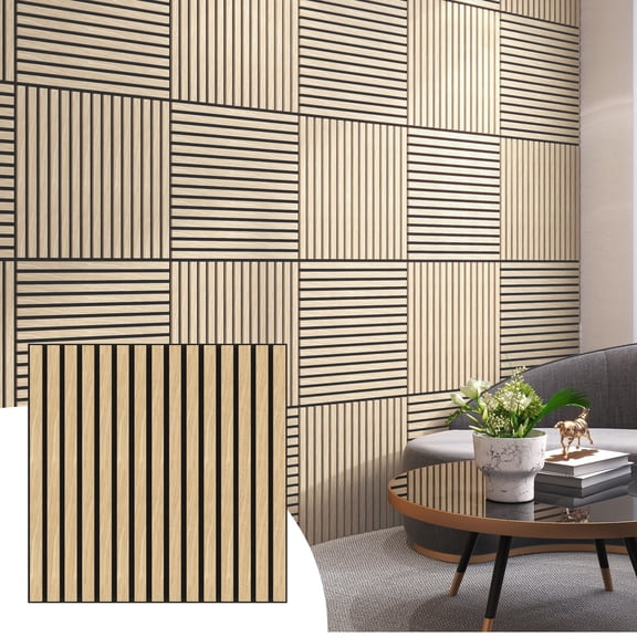 Dundee Deco Acoustic Panels, Wooden Slats for Decor and Noise Reduction - 3D Wall Panels or Ceiling Panels - Oak Beige - Set of 2, Covers 7.8 sq ft