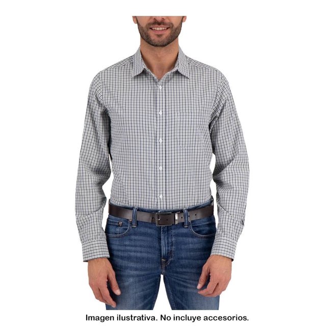 Camisa George Talla G Manga Larga de Cuadros Pequeños Negro con Verde