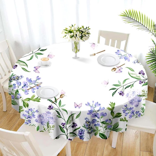 Lavender Round Tablecloth 60 Inch, Floral Oilproof, Wrinkle Resistant Fabric Flower Table Cover for Patio Party
