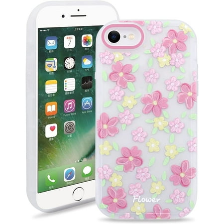 Case for iPhone SE 2022 / iPhone 7 / iPhone 8, Translucent Matte Soft TPU Bumper Case for iPhone SE 2022/2020/iPhone 7/iPhone 8, Women Girls Protective Phone Cover, Pink Flower