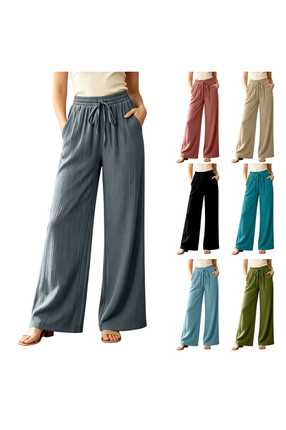 Women's Cotton Spandex Wide Leg Pants, Elastic Drawstring High Waist, Loose Soft Pockets, Casual Summer Beach Travel Lounge, Flowy Trousers | VerBelle,Army Green L