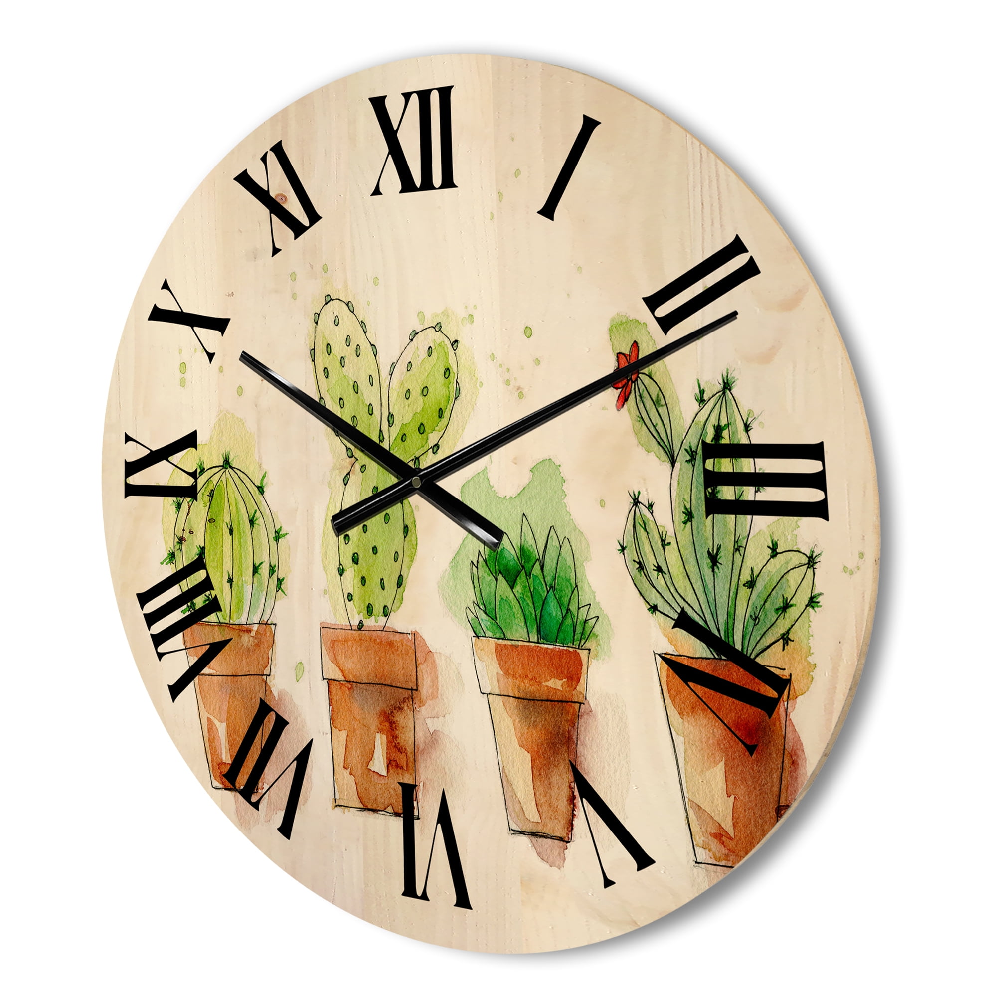 Designart 'Cacti In Gentle Tones In Ceramic Pots I' Traditional Wood Wall Clock