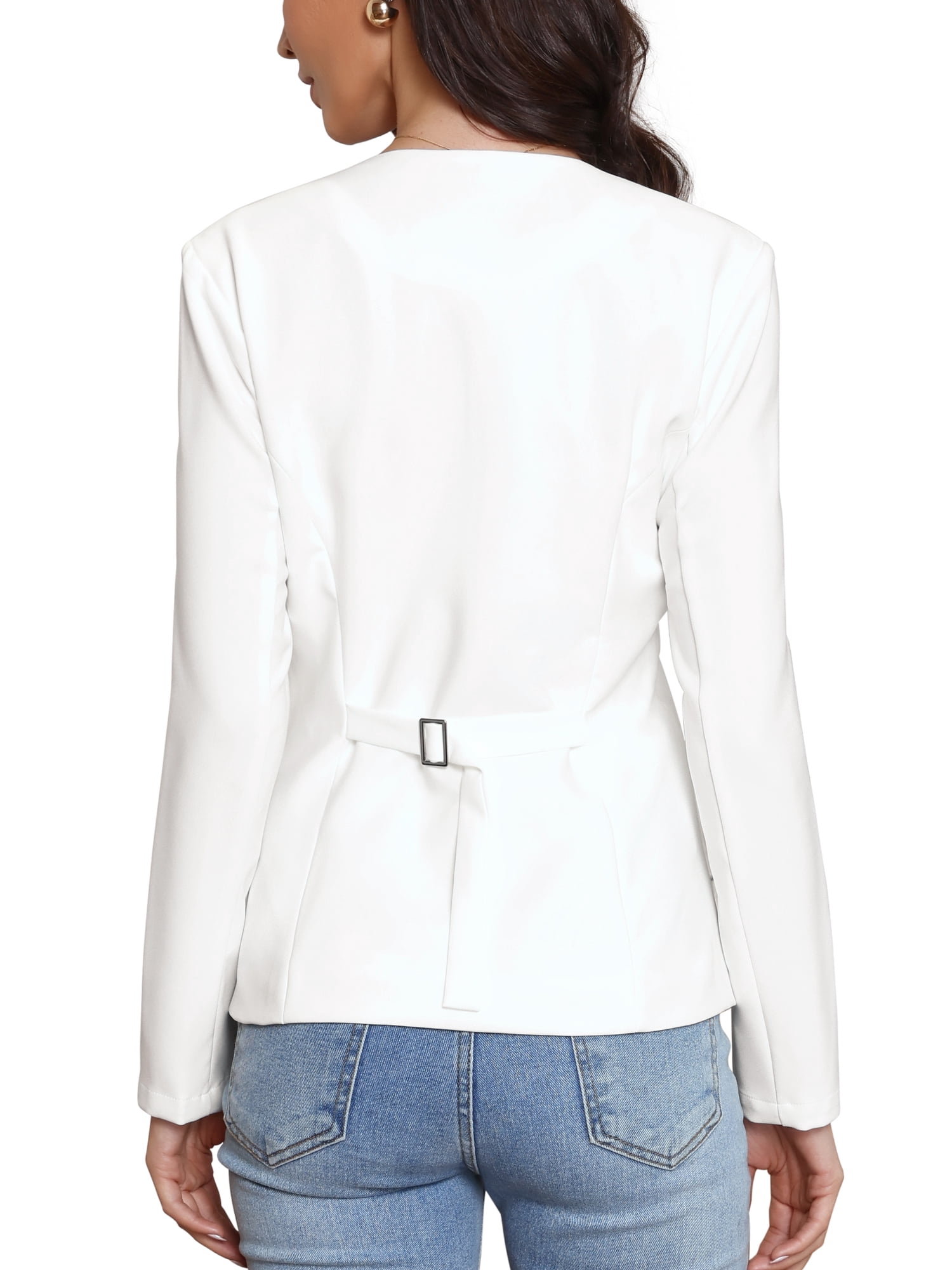 INSPIRE CHIC Business Casual Blazers for Women Button Down Scoop Neck Long Sleeve Office Work Blazer Jackets with Pockets XS White