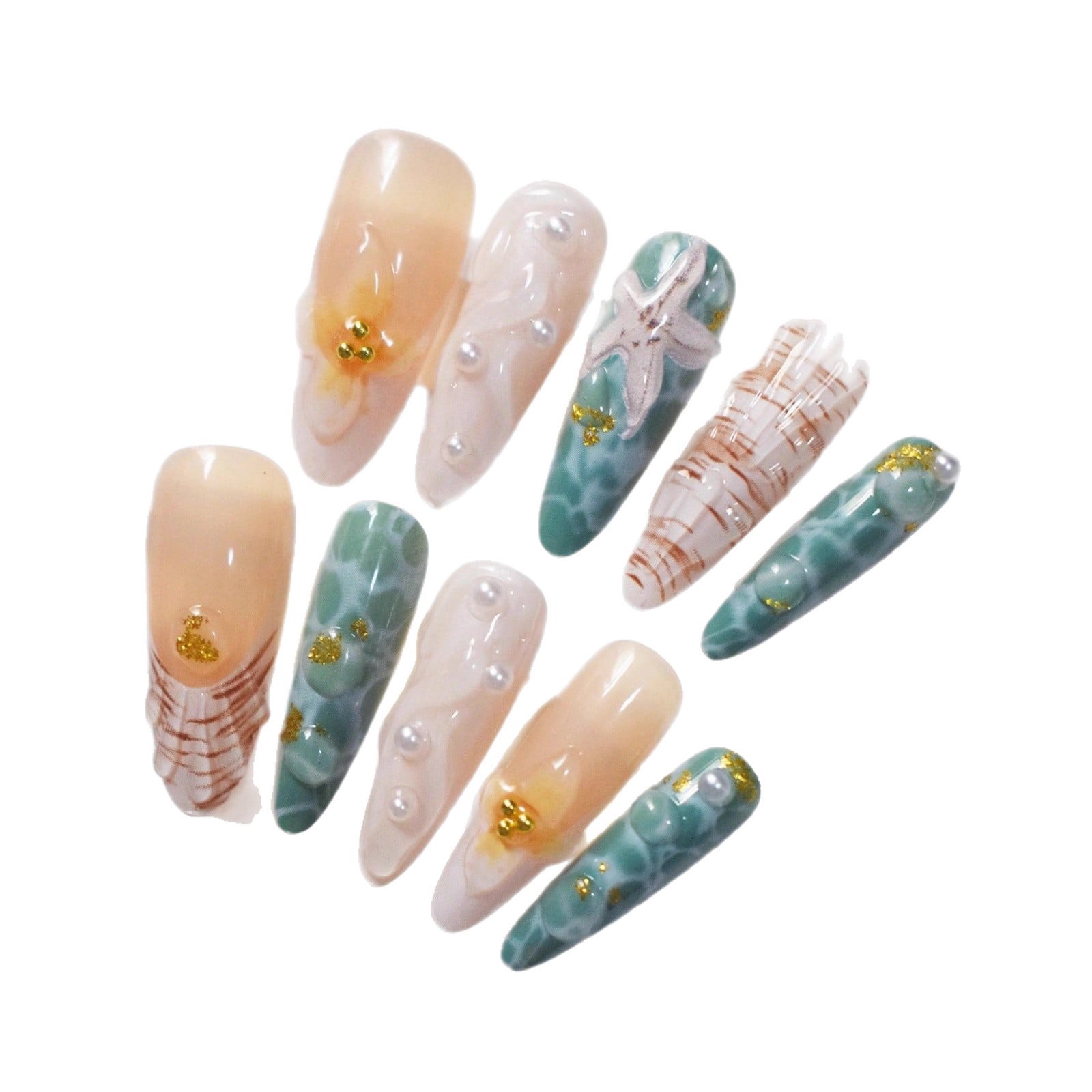 Cross-border hot sale almond fake nails 10pcs ocean wind three-dimensional shell starfish pure pearl embellishment
