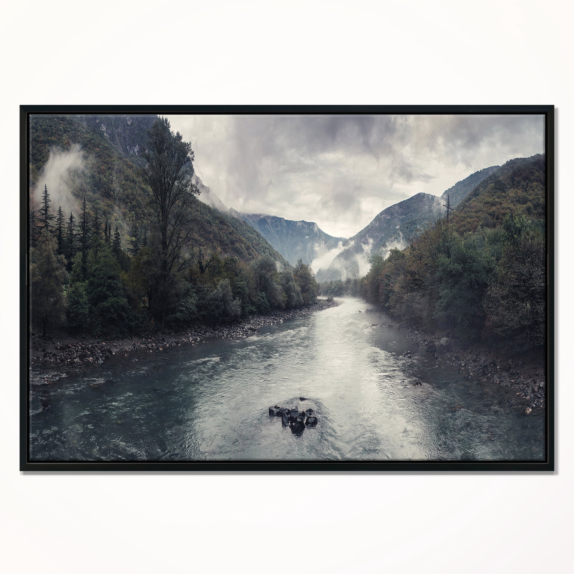 Designart ' Mountain River with Fog and Rain ' Modern Seascape Framed Canvas Artwork