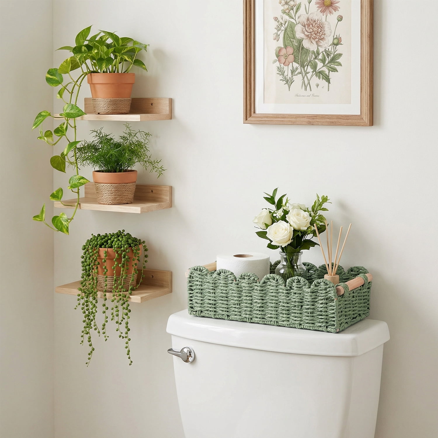 HUISZJ 2-Pack Scalloped Edge Decorative Basket,Green Hand Woven Scalloped Tray with Handles, Rectangular Rattan Storage Container for Bathroom Home Decor