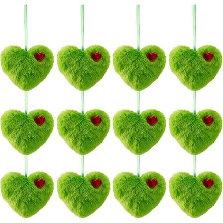 Valentines Day Heart Ornaments - Green Plush Fuzzy Decor with Ribbon for Home Party Accessories (Posting Flash Pink Love)B 1PCS