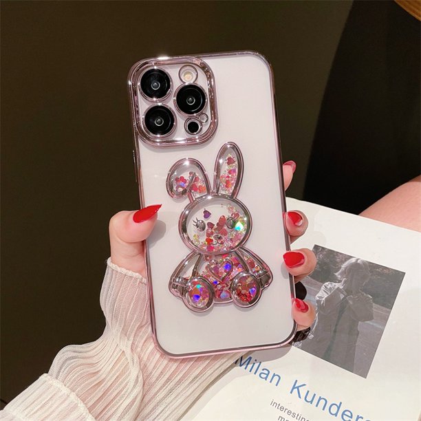 Funda Protectora De Lente De Silicona Suave De Arena Movediza Líquida Para Teléfono Conejo Encantador Para iPhone 11 12 13 14 Pro Max 14 Plus Cubierta Trasera Transparente