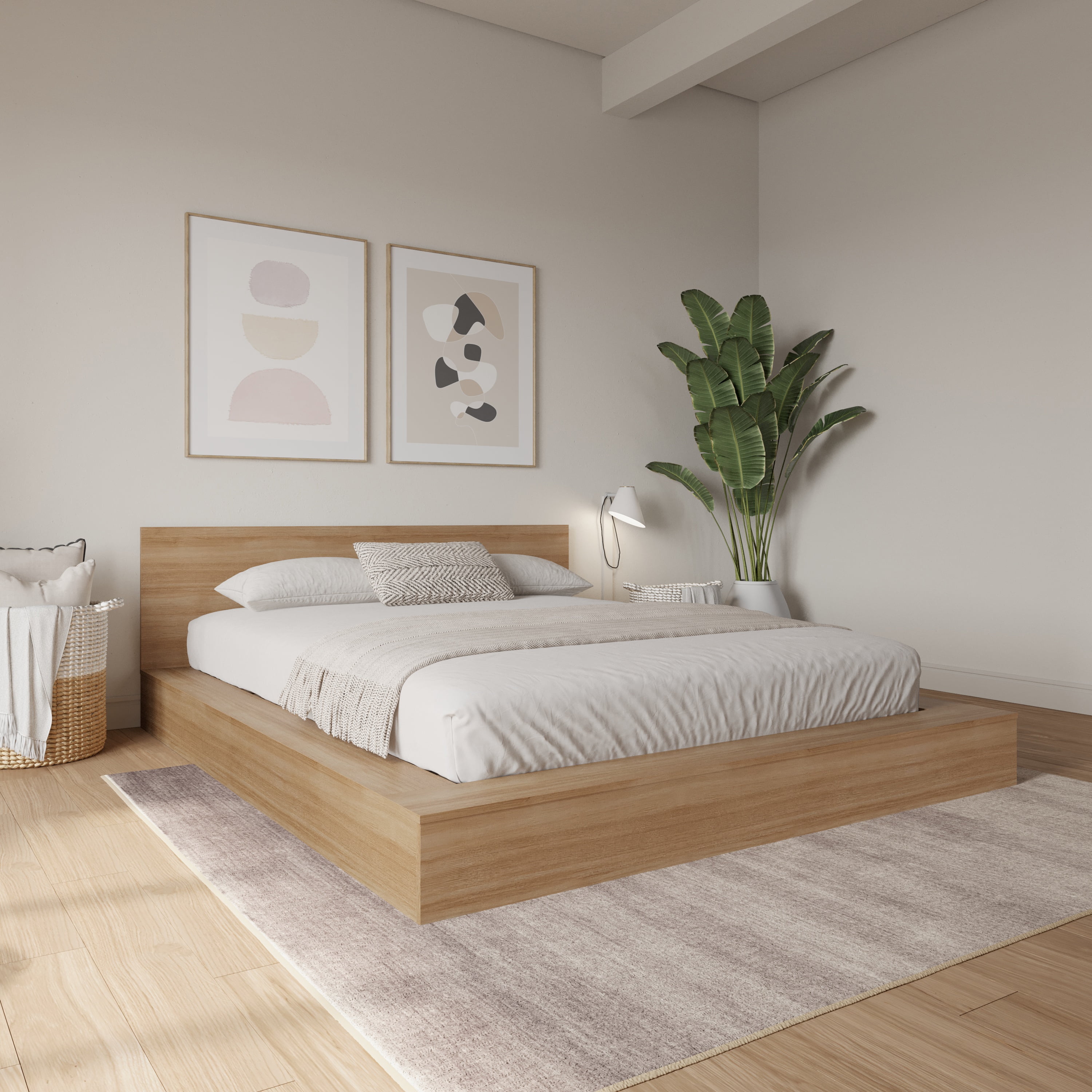Nexera Kanso Queen Low Profile Wood Platform Bed with Headboard, Brown Oak