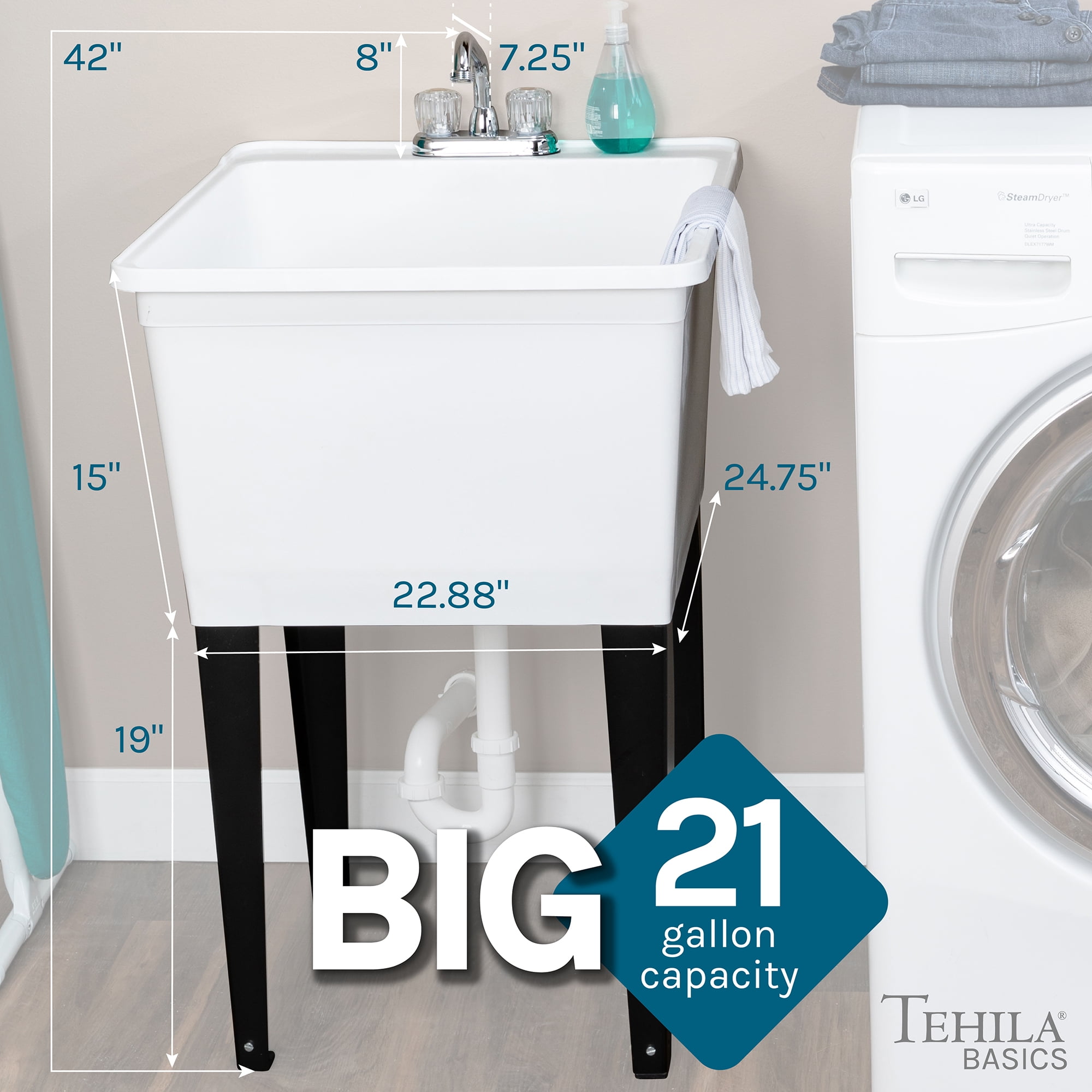 Tehila Freestanding White Utility Sink with Chrome Faucet for Laundry Room