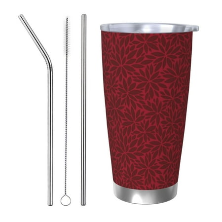 

Qekee Burgundy Floral Print 20OZ Car Cup Stainless Steel Vacuum Insulated Tumbler Tumbler Cup With Lid And Straw Travel Coffee Mug-Straw Three-piece Set