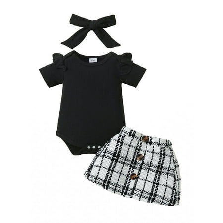 

Bslissey Baby Girls Skirt Sets Ruffle Short Sleeve Romper + Plaid Print Button Skirt + Bow Headband 3Pcs Outfits Newborn Infant Cute Summer Clothes 3M 6M 9M 12M 18M