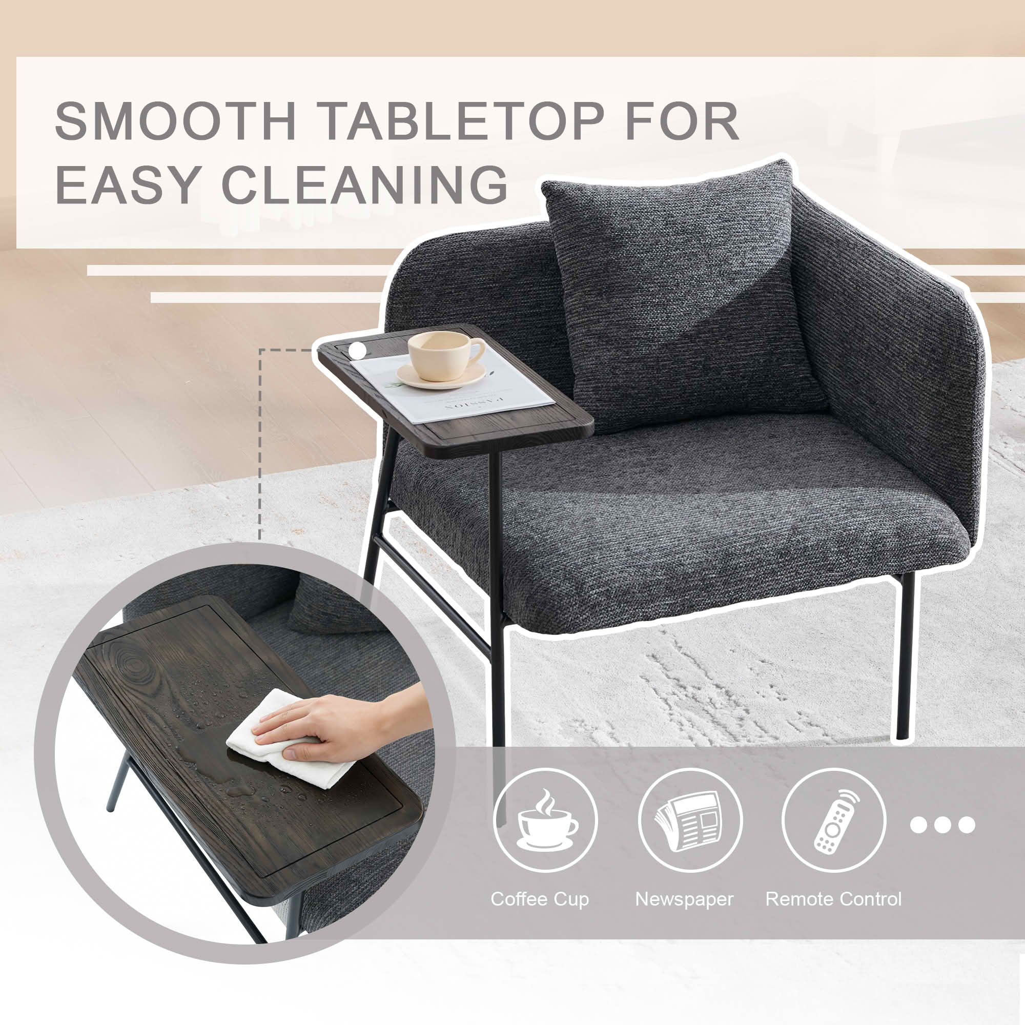 MAYEERTY Leisure Lounge Chair with Side Table & Back Pillow, Armchair, Dark Gray, Living Room Bedroom