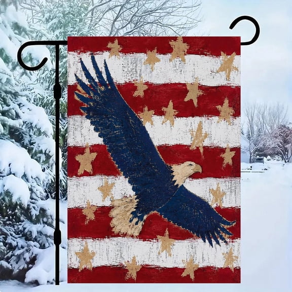 RKSupls Patriotic Linen Double Sided Garden Flag, Independence Day Themed Yard Decor, Eagle Gold Stars Flag Rustic Outdoor Banner for Holiday Lawn