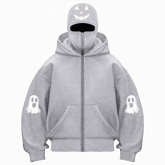 felwors Women's Long Sleeve Halloween Zip-Up Hoodie with Face Mask Oversized Graphic Sweatshirt for Fall Festive Light Gray for Size M