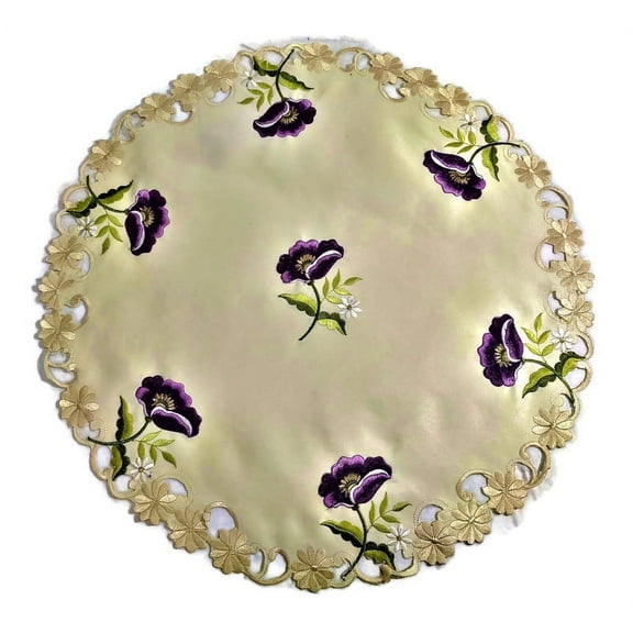 Doily Boutique Round Doily with Purple Poppy Flowers on Ivory Fabric, Size 23 inches
