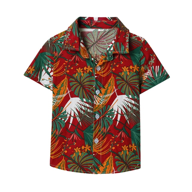 MIASHUI Chemise Florale Décontractée d'Été pour Garçons, Manches Courtes, Haut de Plage pour Enfants Rouge, 4-5 Ans