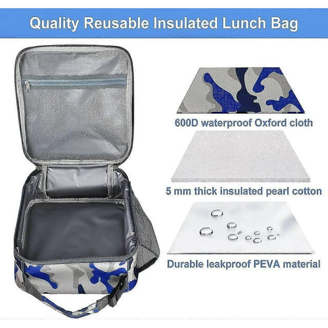 Insulated Lunch Bag Camo Cooler Bag Portable Carrying Lunch Box Bag For Boys Girls Women Men To School Office Outdoor (black)