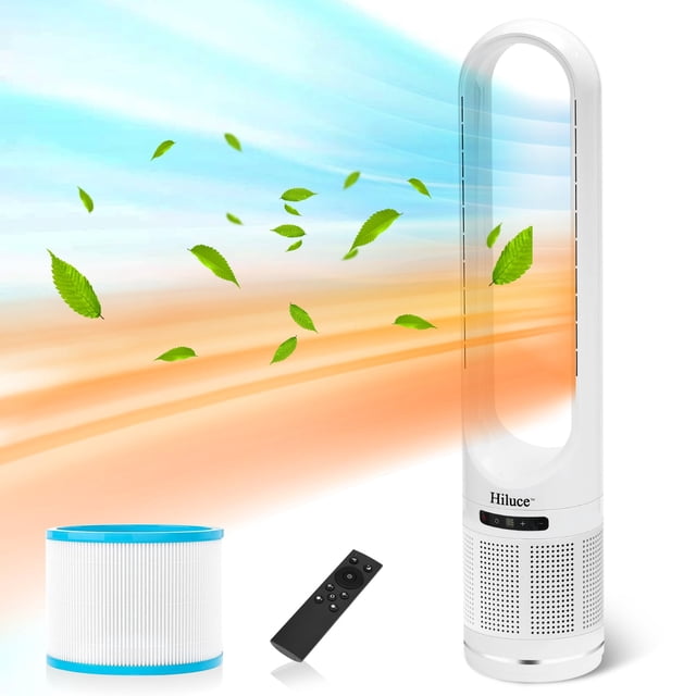 Space Heater Tower Ventilador sin aspas, calentador y ventilador combinado con control remoto, sin instalación, silencioso, oscilación de 80°, 8 velocidades, temporizador de 9 horas, filtro HEPA, 32 p