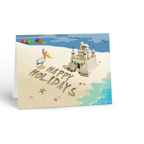 Beach Christmas Cards, Pelican in Santa Hat with Sandcastle