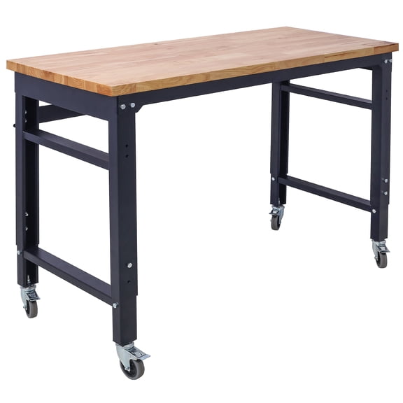 JERFIT 48" Heavy-Duty Adjustable Mobile Workbench with Solid Wood Top for Garage Workshop