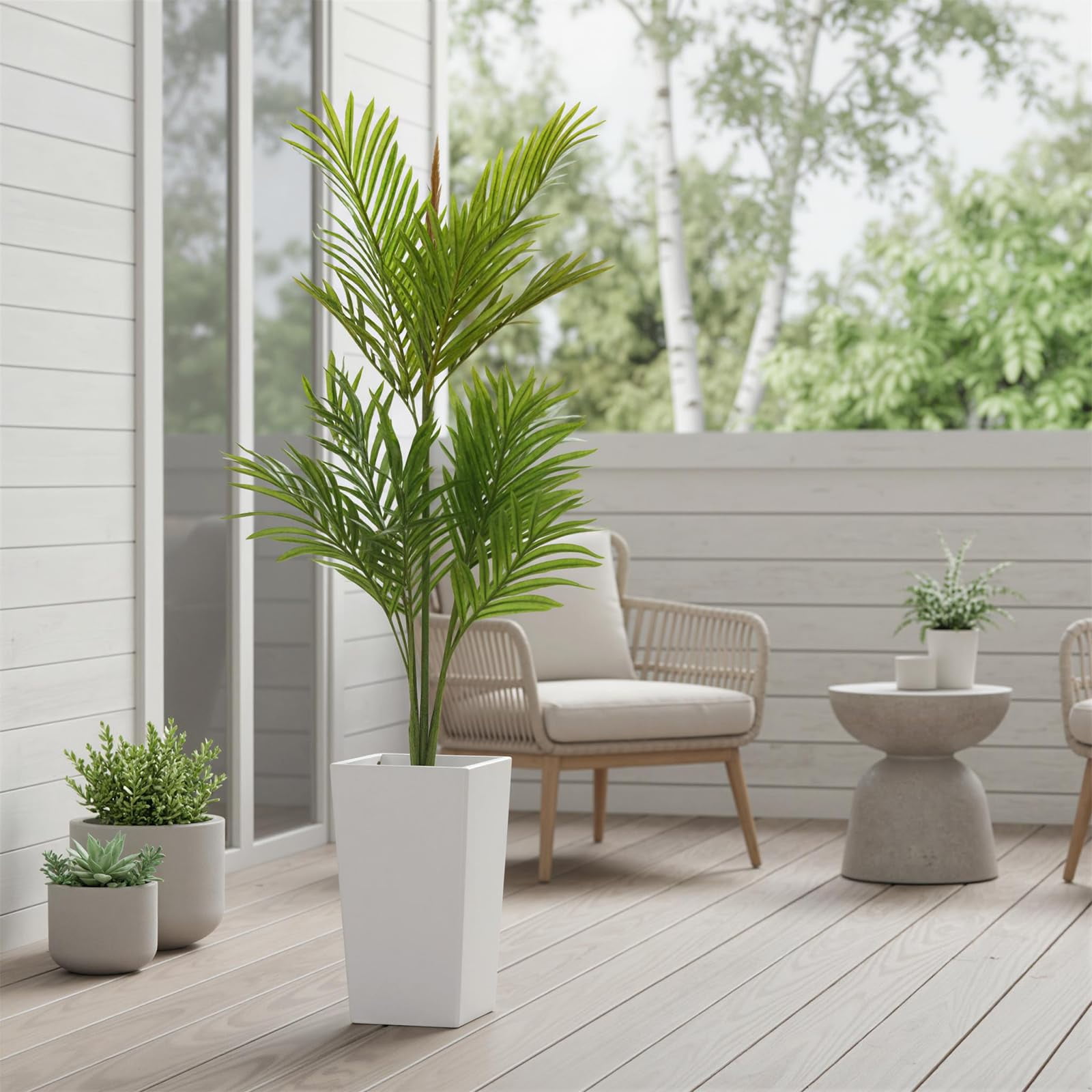 Accreate Artificial Palm Tree, Tall Faux Tropical Areca Plants with White Tall Planter, Fake Potted Tree with Lifelike Leaves for Indoor Living Room Bedroom Home Office Decor
