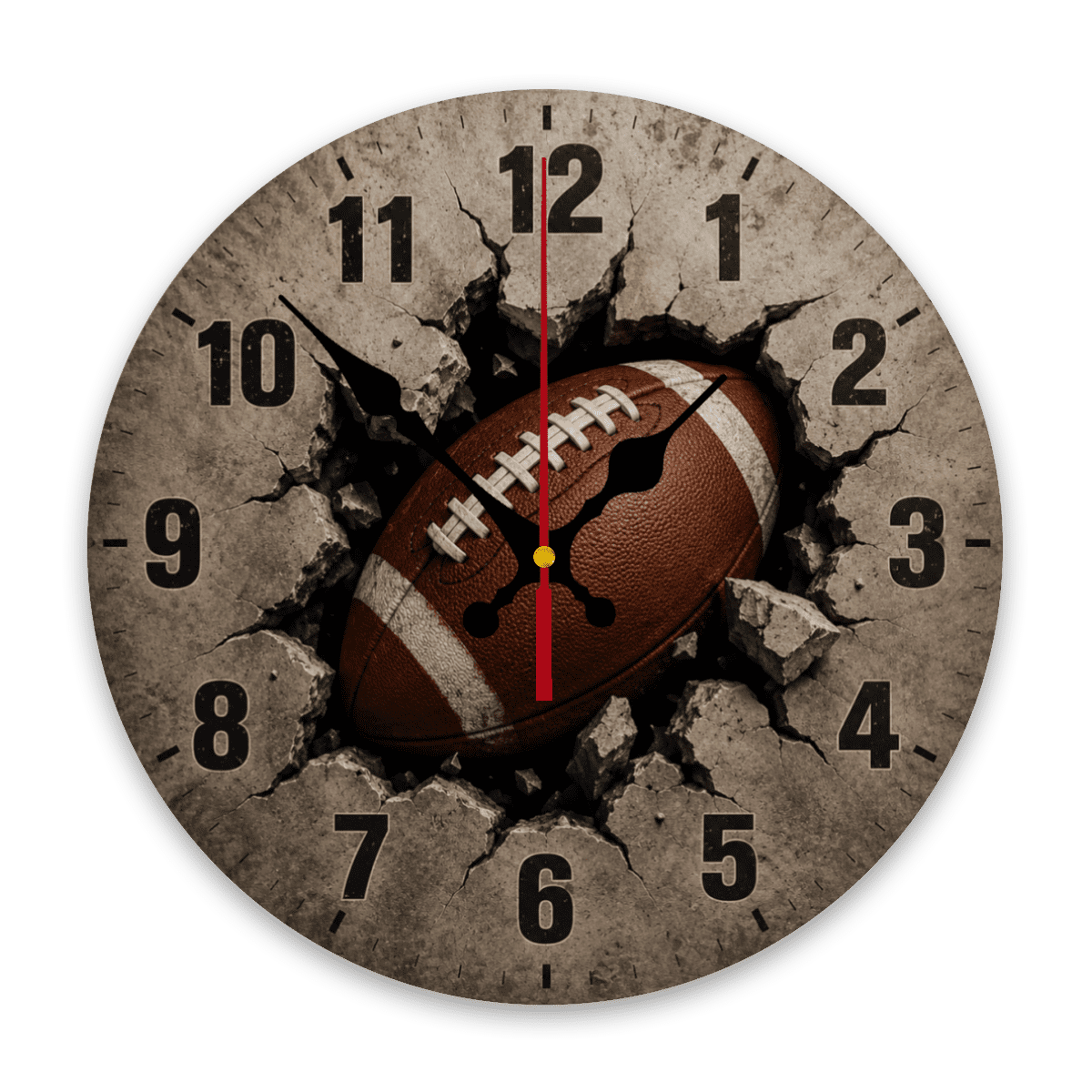 Football pattern with cracked texture and numerals Design 10 inch Round Wooden Wall Clock, Silent