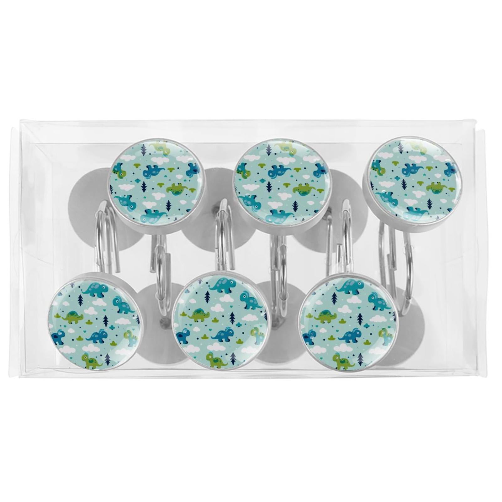 12pcs Decorative Shower Curtain Hooks, Rust Resistant Shower Rings for Bathroom Living Room,Rustproof Stainless Steel Rings for Shower Curtain and Liner Rods,Cartoon Dinosaurs Trees Blue