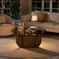 thumbnail image 3 of Round Glass Coffee Table, Modern Coffee Table with Glass Top and Wood Base, Minimalist Center Table for Living Room, Small Space Round Coffee Table for Apartment, Office & Lounge, Walnut, 3 of 7