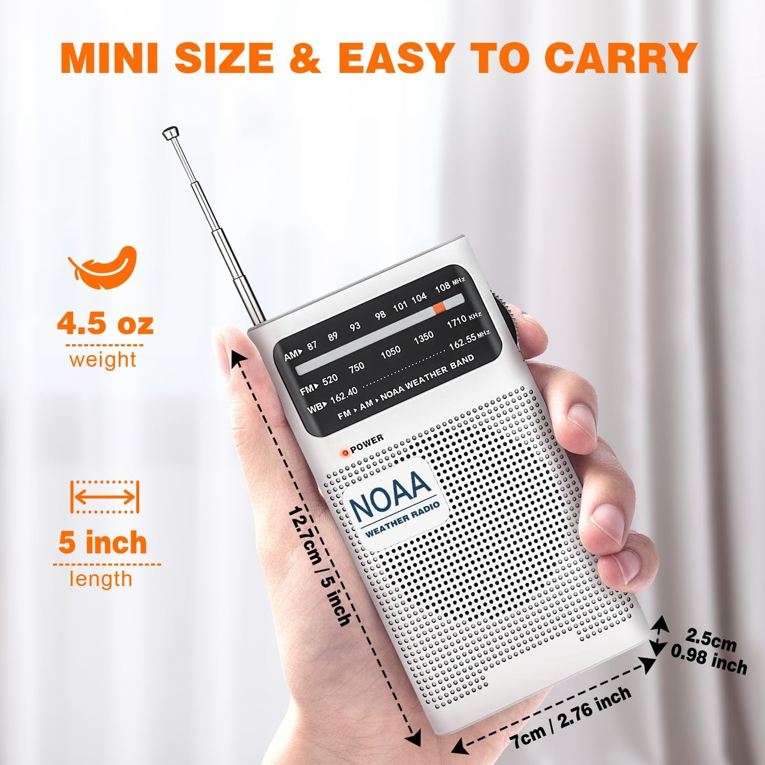 HRTGFD-NOAA Weather Radio, AM FM NOAA Emergency Radio Portable with Best Reception, Headphone Jack, Powered by 2 AA Battery, Transistor Radios Battery-Operated for Emergency, Hurricane, Home(White)
