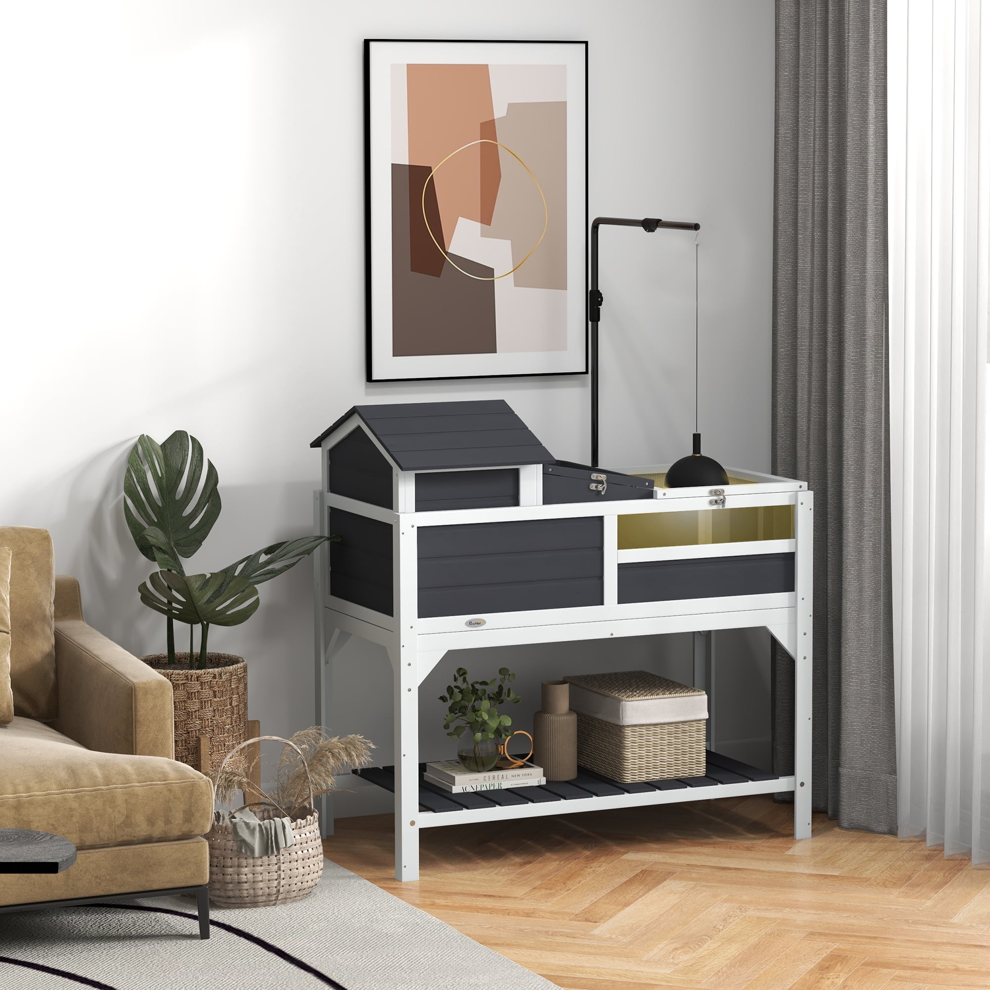 Tortoise Habitat with Adjustable Lamp Holder, 2 Layer Tortoise Enclosure with Storage Shelf, Removable Main House, Fixed Tray, Openable Lid, Gray