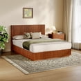 thumbnail image 4 of Luckynote Queen Size Bed Frame with LED Lights, Modern Wooden Corrugated Curved Lines, Convex Groove Board Design, Walnut., 4 of 8