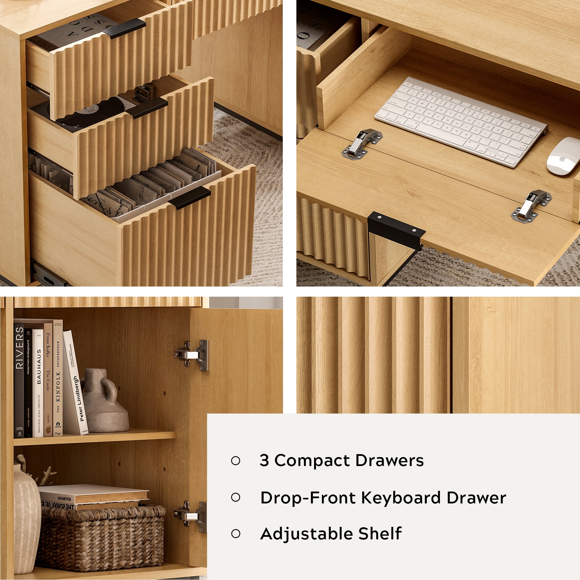 Joyyskill Fluted Executive Desk with File Drawer, 55" Large Computer Desk with Storage and Charging Station, Modern Wooden Home Office Desk, Nautral Oak