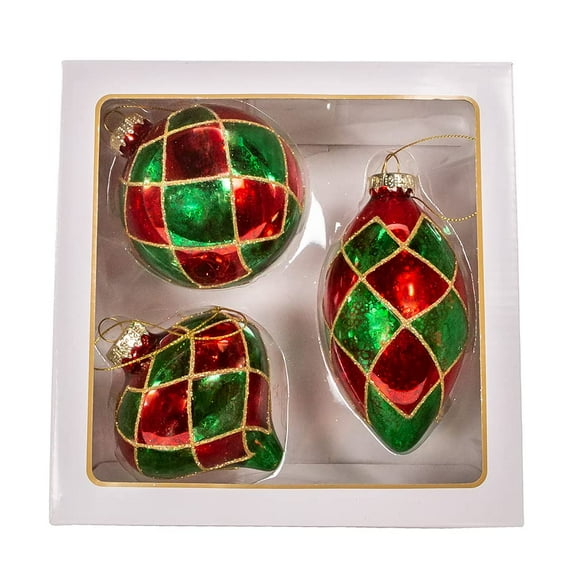 Kurt Adler 80 MM Green and Red Ball, Onion, Teardrop, 3-Piece Set