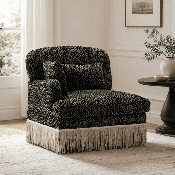 1-Seat Leopard Print Chenille Sofa with Throw and Lumbar Pillows, Black and Green