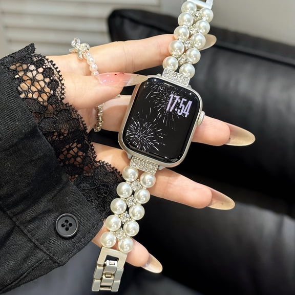 XiHAMA Pearl Bracelet Compatible with Apple Watch Band 38/40/41mm 42/44/49mm iWatch Series 9/8/7/6/5/4/3/2/1, Artificial Elastic Stretch Bling Diamond Jewelry Wristband Replacement Strap for Women