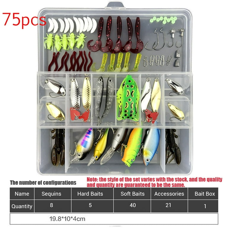 Fishing Lures Mixed, 75pcs/94pcs/122pcs/142pcs Soft Baits Kit Including  Spinning Lures, Plastic Worms, Frogs, Single Hooks and Tackle Box for