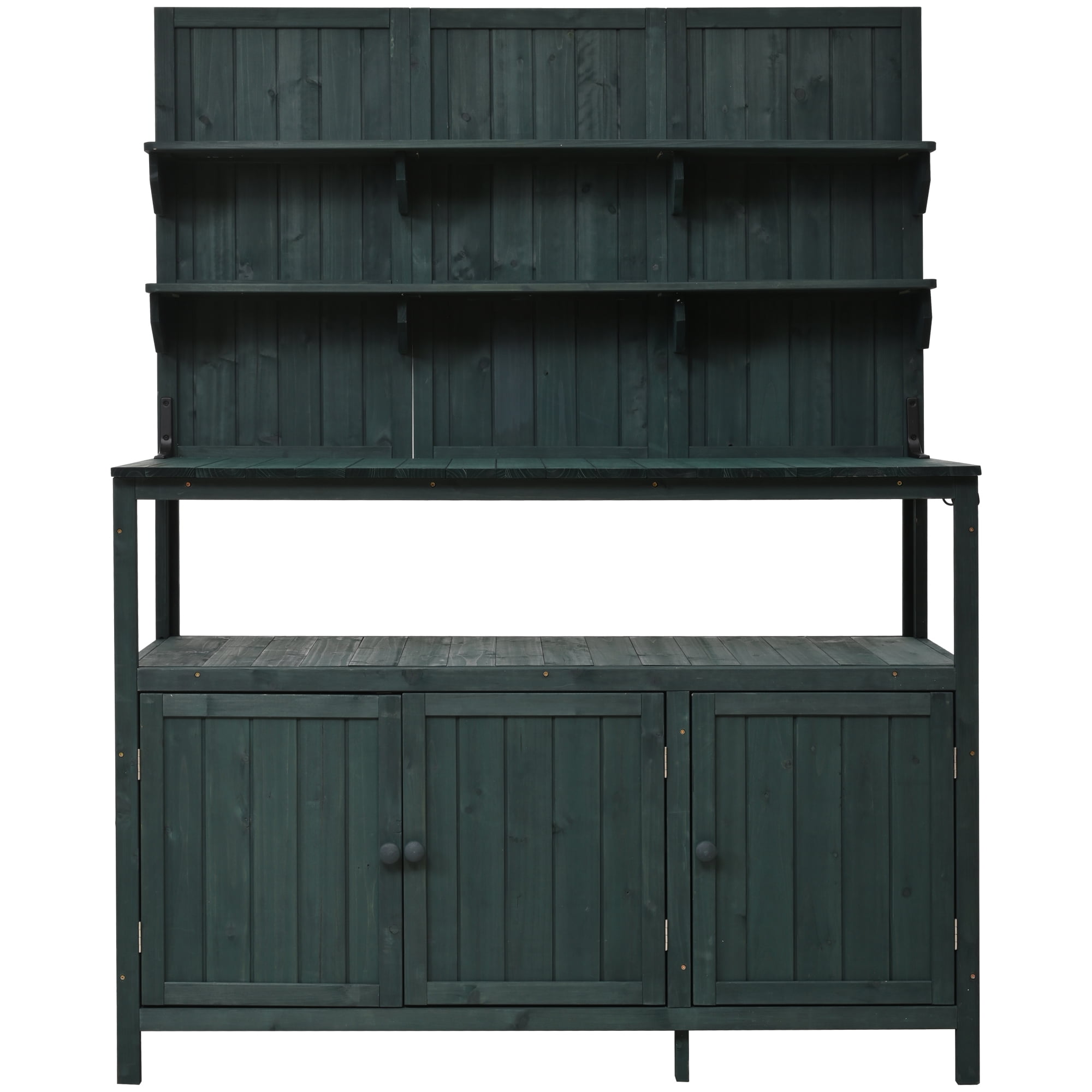 Yoneston Potting Bench with Hutch, 50.2" Solid Fir Wood Garden Workstation with Large Countertop, 2 Shelves, 2 Cabinets & 3 Side Hooks, Outdoor Planting Table for Gardening,Green