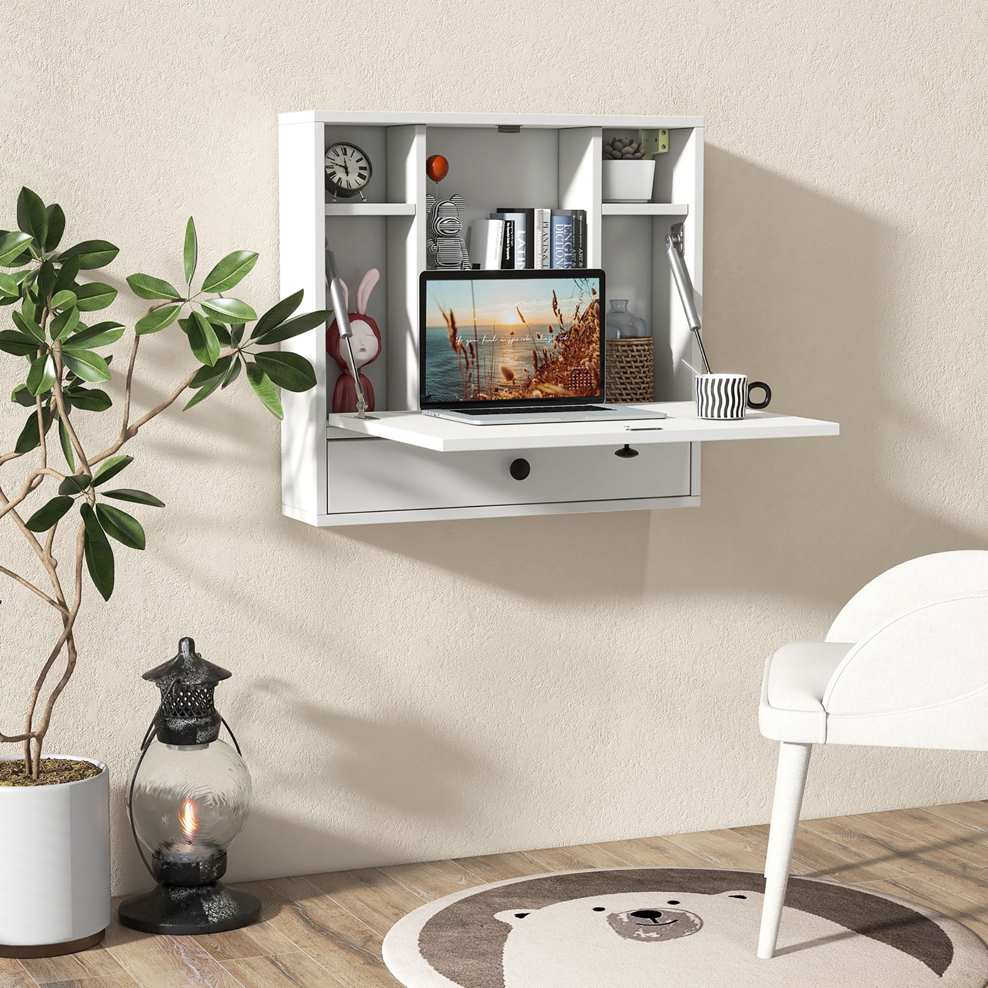 Gymax Wall-mounted Desk Floating Computer Workstation w/ Storage Shelves Home Office White